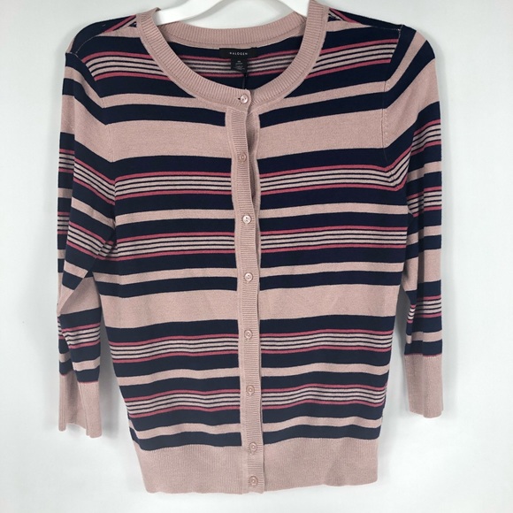 Halogen || Striped crew neck button front cardigan - Picture 2 of 6